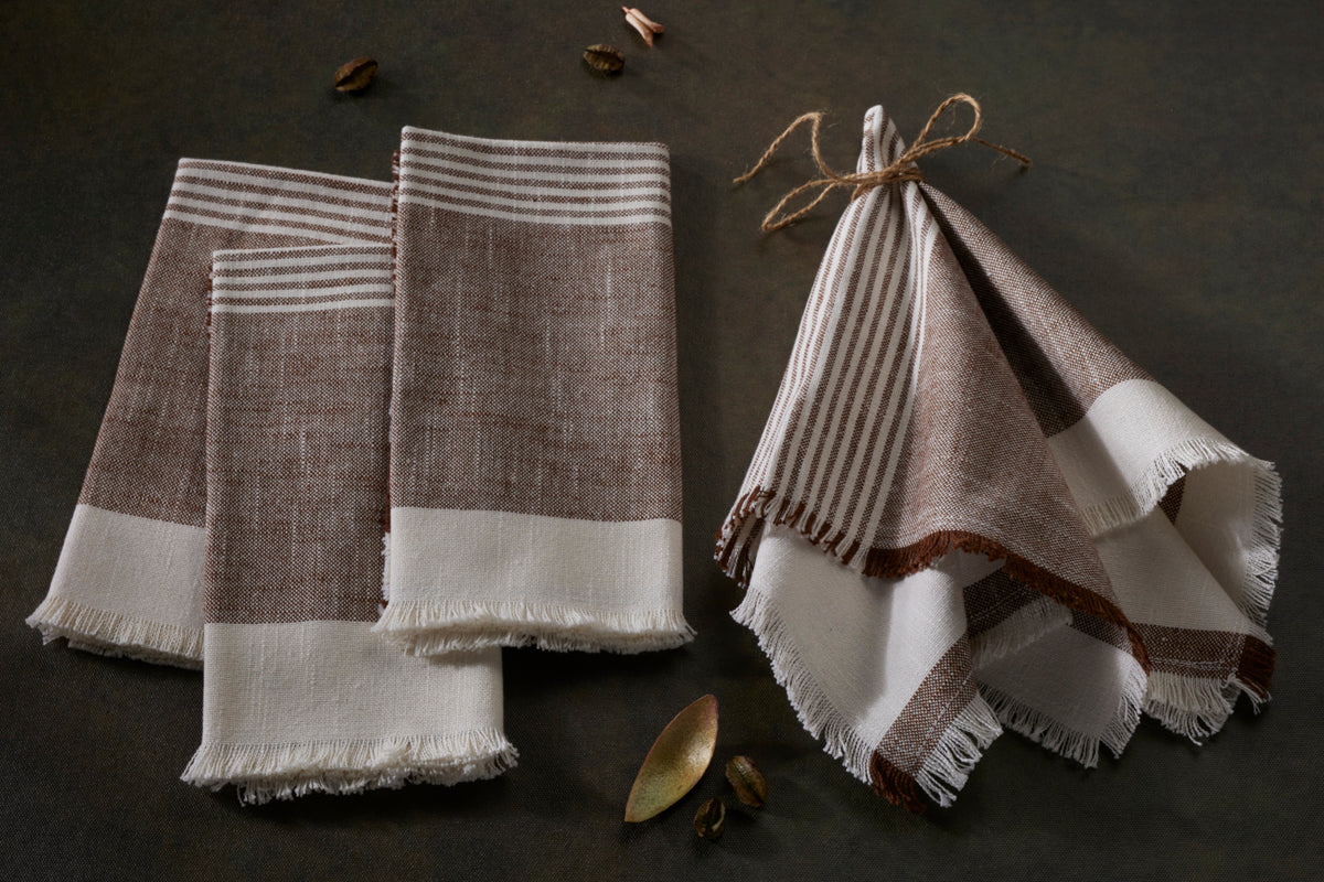 Cuisine Stripe Dinner Napkins - Set Of 4- 100% Cotton - Mocha
